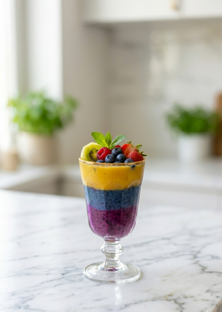 Croissants, scrambled eggs, berries, and cappuccino breakfast